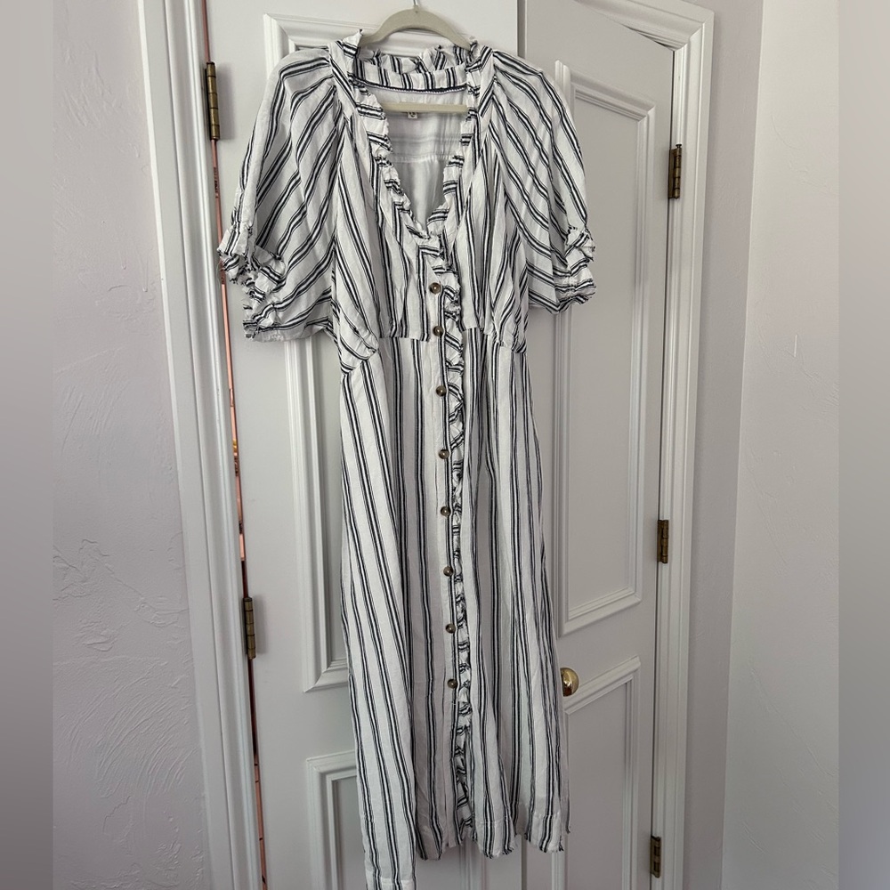 Pilcro Ruffle Collar Black and White Striped Dress
